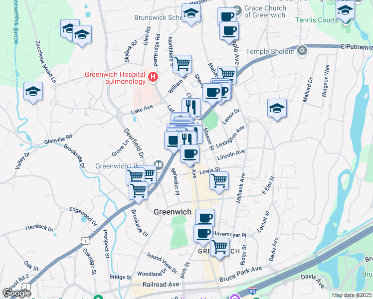 map of restaurants, bars, coffee shops, grocery stores, and more near 15 West Putnam Avenue in Greenwich