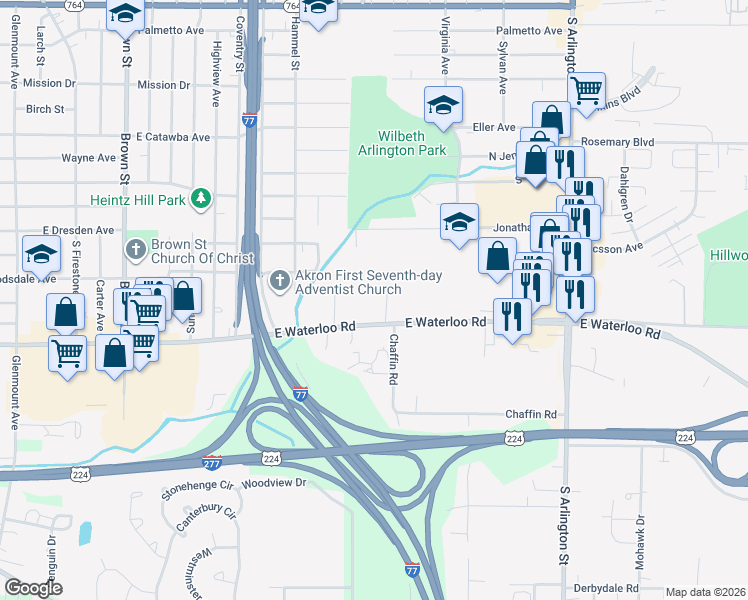 map of restaurants, bars, coffee shops, grocery stores, and more near 793 East Waterloo Road in Akron