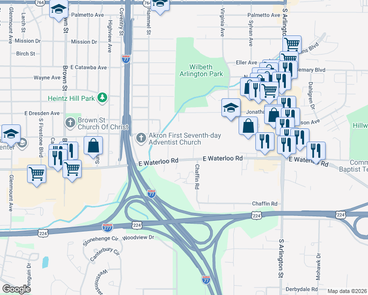 map of restaurants, bars, coffee shops, grocery stores, and more near 793 East Waterloo Road in Akron