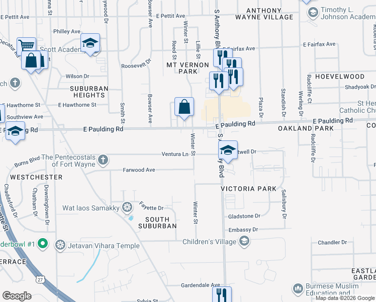 map of restaurants, bars, coffee shops, grocery stores, and more near 5812 Winter Street in Fort Wayne