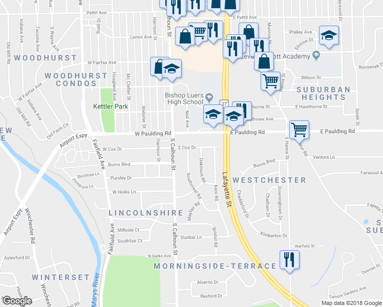 map of restaurants, bars, coffee shops, grocery stores, and more near 5911 Southcrest Road in Fort Wayne