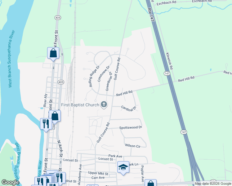 map of restaurants, bars, coffee shops, grocery stores, and more near 501 Golf Course Road in Milton