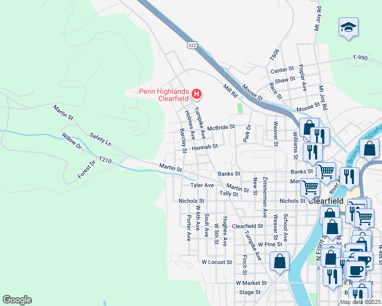 map of restaurants, bars, coffee shops, grocery stores, and more near 610 Hannah Street in Clearfield