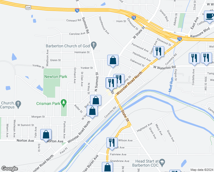 map of restaurants, bars, coffee shops, grocery stores, and more near 92 West State Street in Barberton