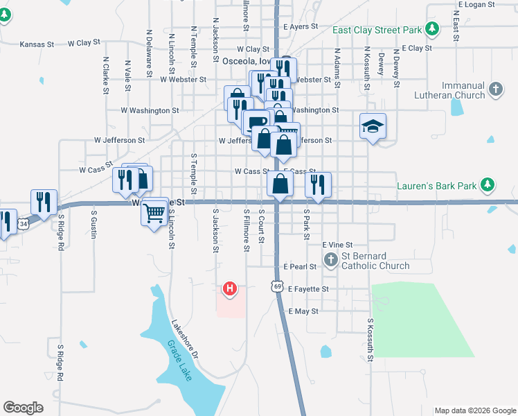 map of restaurants, bars, coffee shops, grocery stores, and more near 116 E McLane St in Osceola