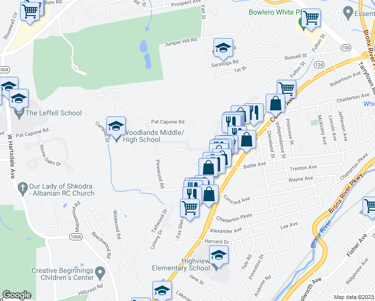 map of restaurants, bars, coffee shops, grocery stores, and more near 23 Fieldstone Drive in Hartsdale