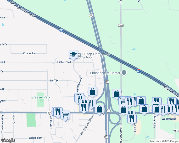 map of restaurants, bars, coffee shops, grocery stores, and more near 220 Talsman Drive in Canfield