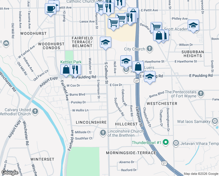 map of restaurants, bars, coffee shops, grocery stores, and more near 119 East Cox Drive in Fort Wayne