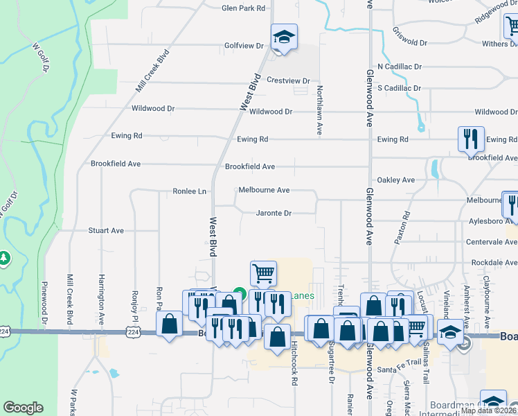 map of restaurants, bars, coffee shops, grocery stores, and more near 433 Melbourne Avenue in Youngstown