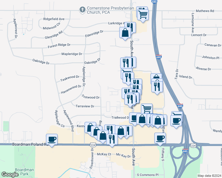 map of restaurants, bars, coffee shops, grocery stores, and more near 843 Cedar Way in Youngstown