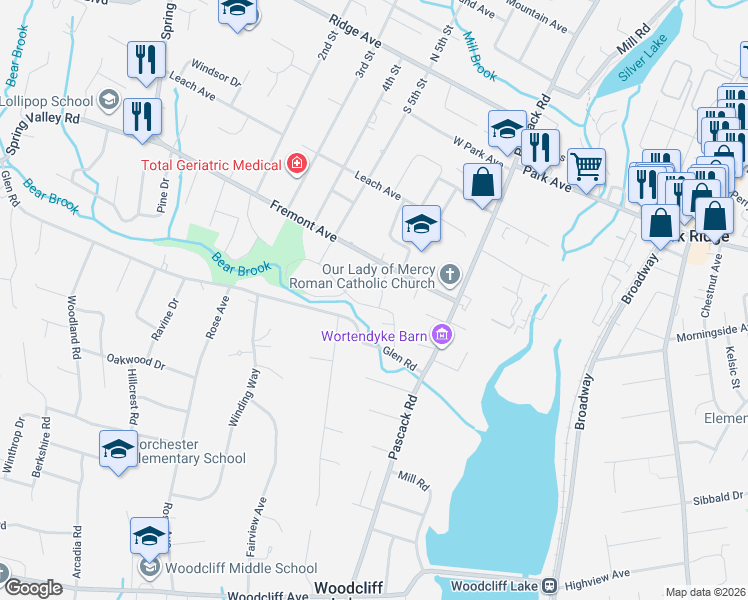 map of restaurants, bars, coffee shops, grocery stores, and more near 11 Leach Lane in Park Ridge