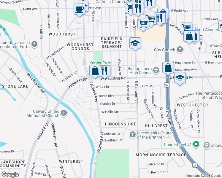 map of restaurants, bars, coffee shops, grocery stores, and more near 322 West Cox Drive in Fort Wayne