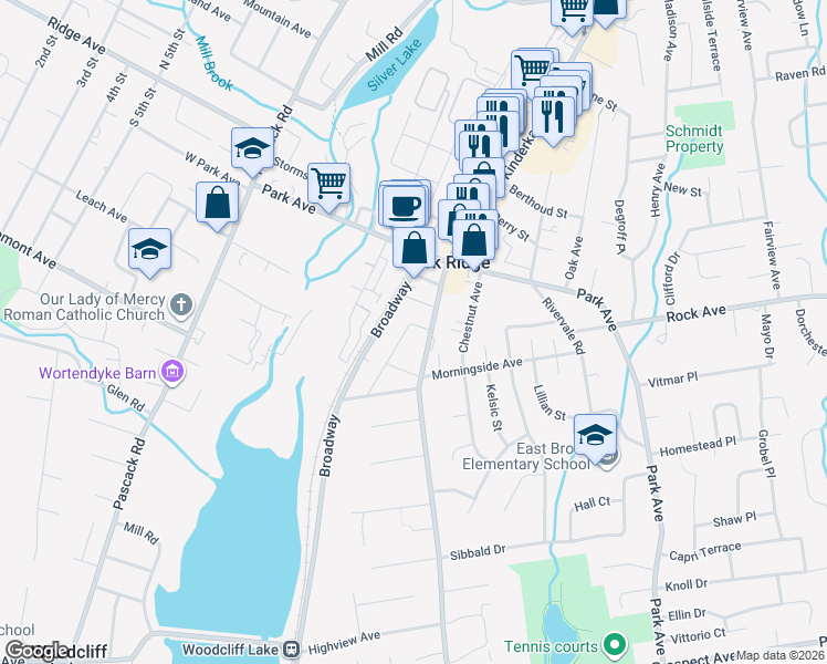 map of restaurants, bars, coffee shops, grocery stores, and more near 99 County Road 503 in Park Ridge
