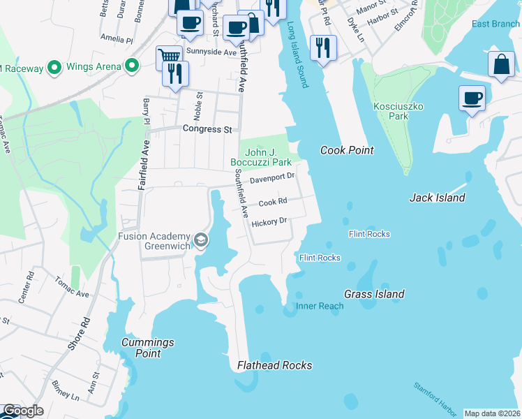 map of restaurants, bars, coffee shops, grocery stores, and more near 30 Cook Road in Stamford