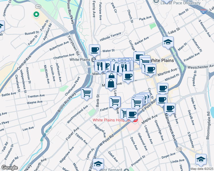 map of restaurants, bars, coffee shops, grocery stores, and more near 34 South Lexington Avenue in White Plains