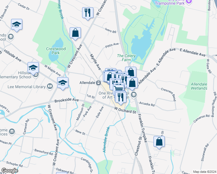 map of restaurants, bars, coffee shops, grocery stores, and more near 114 West Allendale Avenue in Allendale