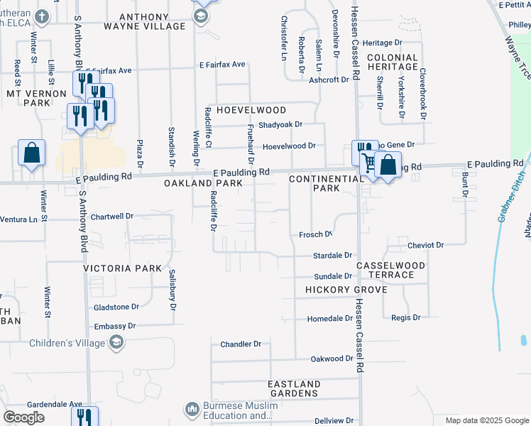 map of restaurants, bars, coffee shops, grocery stores, and more near 5916 Waycross Drive in Fort Wayne