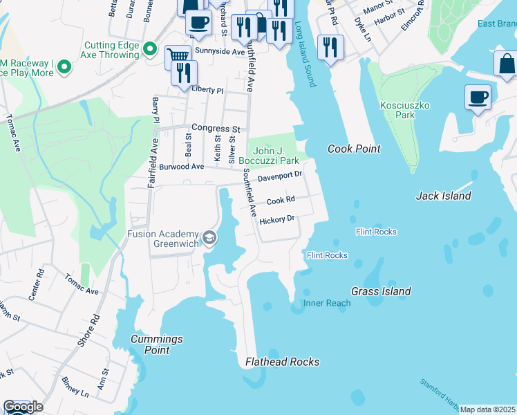 map of restaurants, bars, coffee shops, grocery stores, and more near 30 Cook Road in Stamford