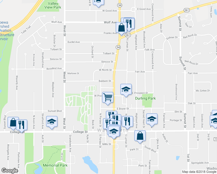 map of restaurants, bars, coffee shops, grocery stores, and more near 118 Stevenson Drive in Wadsworth