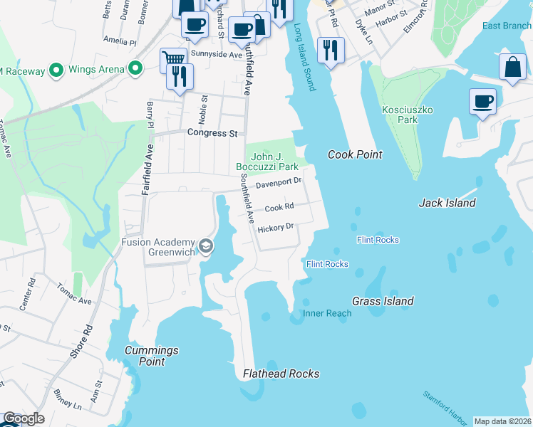map of restaurants, bars, coffee shops, grocery stores, and more near 30 Cook Road in Stamford