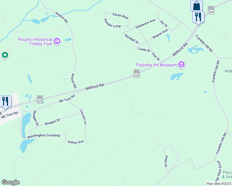 map of restaurants, bars, coffee shops, grocery stores, and more near 109 Spring House Lane in East Stroudsburg