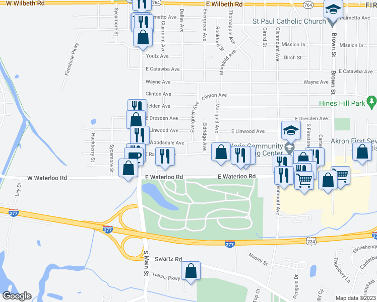 map of restaurants, bars, coffee shops, grocery stores, and more near 1925 Evergreen Avenue in Akron