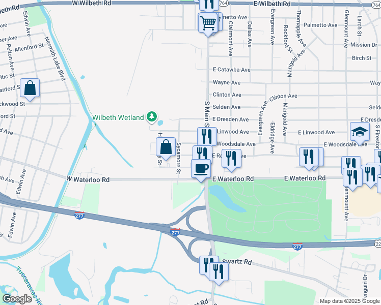 map of restaurants, bars, coffee shops, grocery stores, and more near 30 West Woodsdale Avenue in Akron