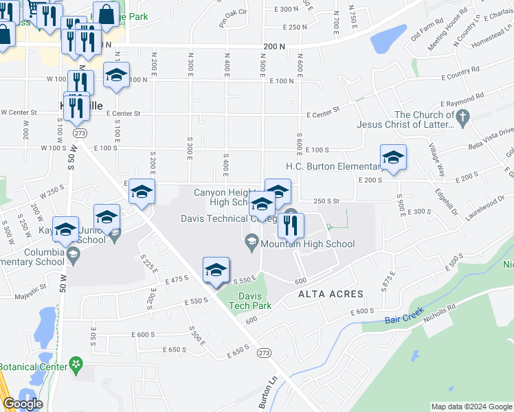 map of restaurants, bars, coffee shops, grocery stores, and more near 264 South 500 East in Kaysville