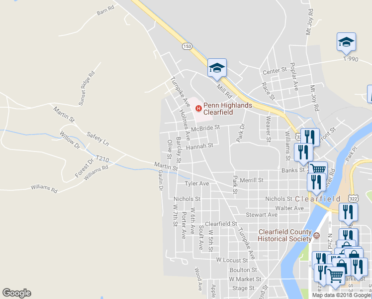 map of restaurants, bars, coffee shops, grocery stores, and more near 610 Hannah Street in Clearfield
