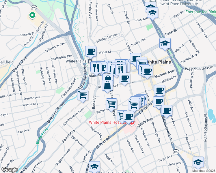 map of restaurants, bars, coffee shops, grocery stores, and more near 25 Martine Avenue in White Plains