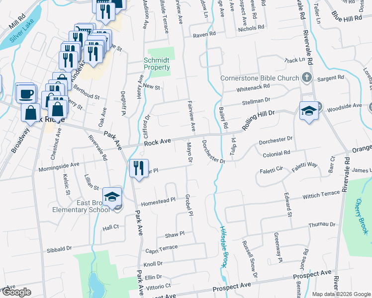 map of restaurants, bars, coffee shops, grocery stores, and more near 268 Rock Avenue in Park Ridge