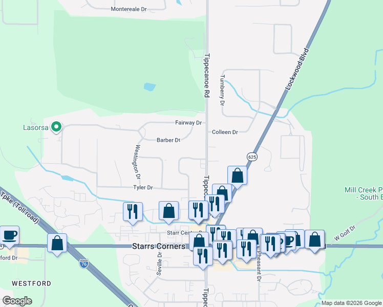 map of restaurants, bars, coffee shops, grocery stores, and more near 6038 Tippecanoe Road in Canfield