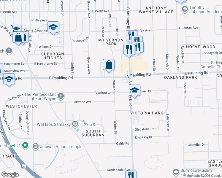 map of restaurants, bars, coffee shops, grocery stores, and more near 5812 Winter Street in Fort Wayne
