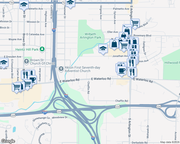 map of restaurants, bars, coffee shops, grocery stores, and more near 793 E Waterloo Rd in Akron
