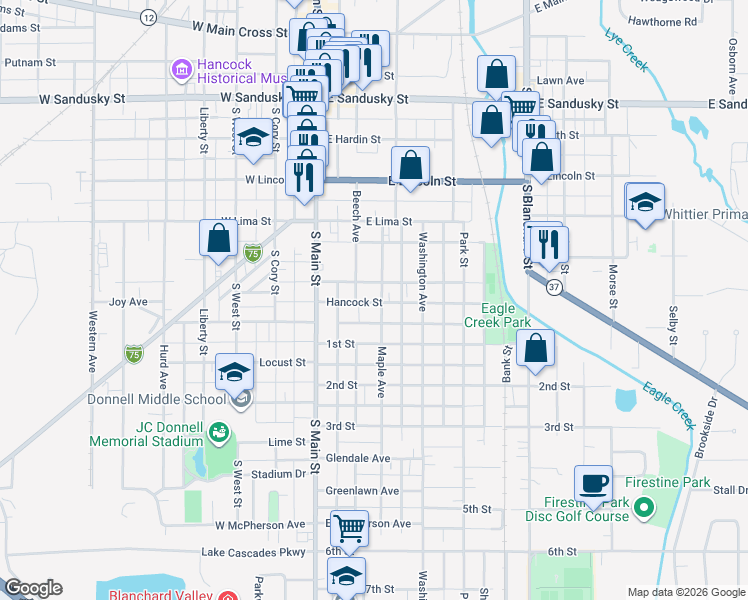 map of restaurants, bars, coffee shops, grocery stores, and more near 858 Maple Avenue in Findlay