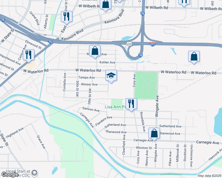 map of restaurants, bars, coffee shops, grocery stores, and more near 1222 West Waterloo Road in Akron