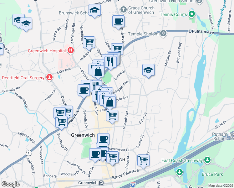 map of restaurants, bars, coffee shops, grocery stores, and more near 28 Lexington Avenue in Greenwich