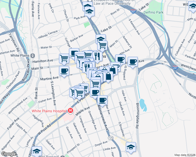 map of restaurants, bars, coffee shops, grocery stores, and more near 39 Mitchell Place in White Plains