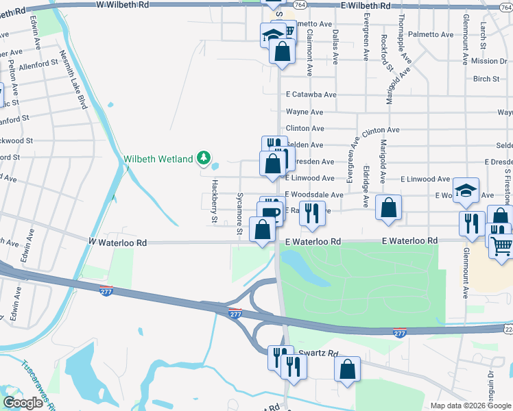 map of restaurants, bars, coffee shops, grocery stores, and more near 30 West Woodsdale Avenue in Akron