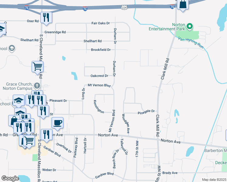 map of restaurants, bars, coffee shops, grocery stores, and more near 3787 Mount Vernon Boulevard in Norton