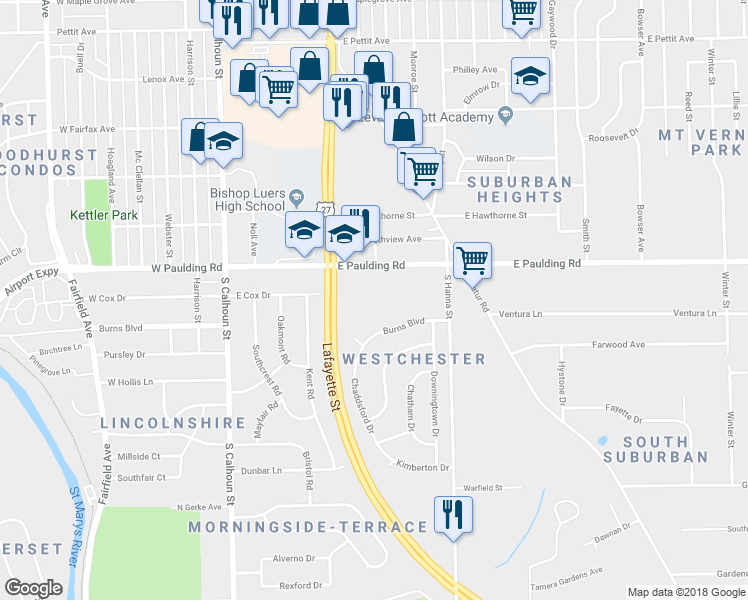 map of restaurants, bars, coffee shops, grocery stores, and more near 420 East Paulding Road in Fort Wayne