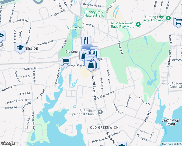 map of restaurants, bars, coffee shops, grocery stores, and more near 262 Sound Beach Avenue in Greenwich