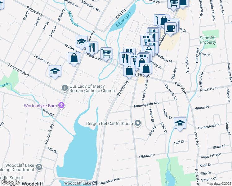 map of restaurants, bars, coffee shops, grocery stores, and more near 40 North Maple Avenue in Park Ridge