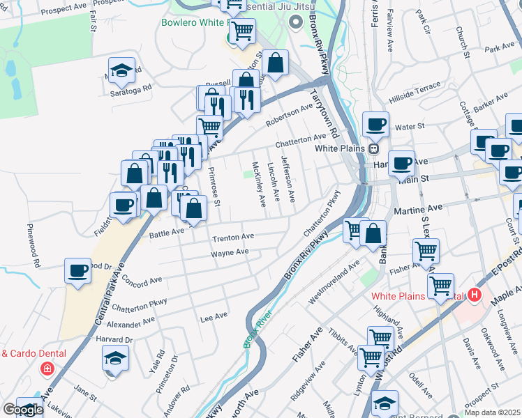map of restaurants, bars, coffee shops, grocery stores, and more near 65 McKinley Avenue in White Plains