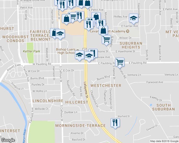 map of restaurants, bars, coffee shops, grocery stores, and more near 414 East Paulding Road in Fort Wayne