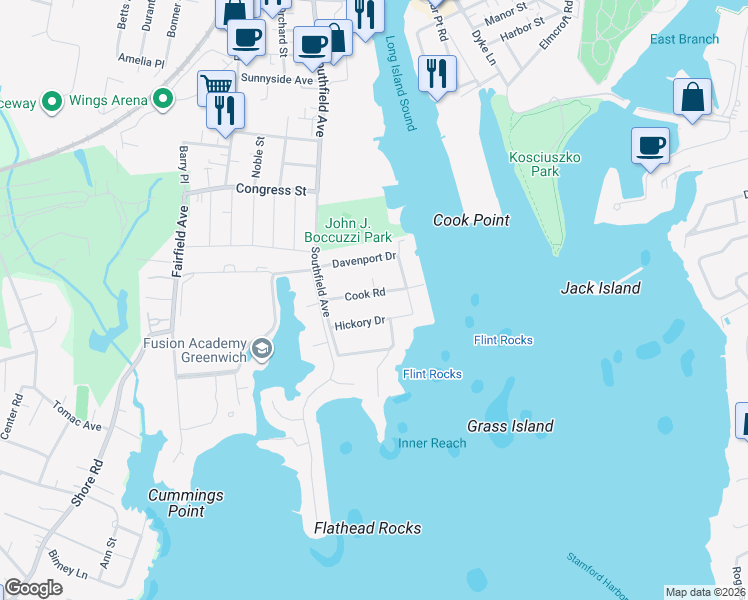 map of restaurants, bars, coffee shops, grocery stores, and more near 46 Cook Road in Stamford
