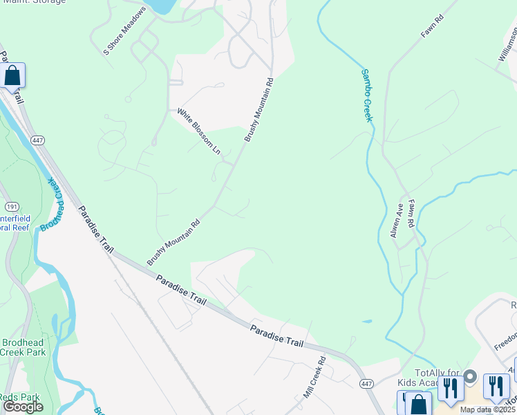 map of restaurants, bars, coffee shops, grocery stores, and more near 98 Brushy Mountain Road in East Stroudsburg