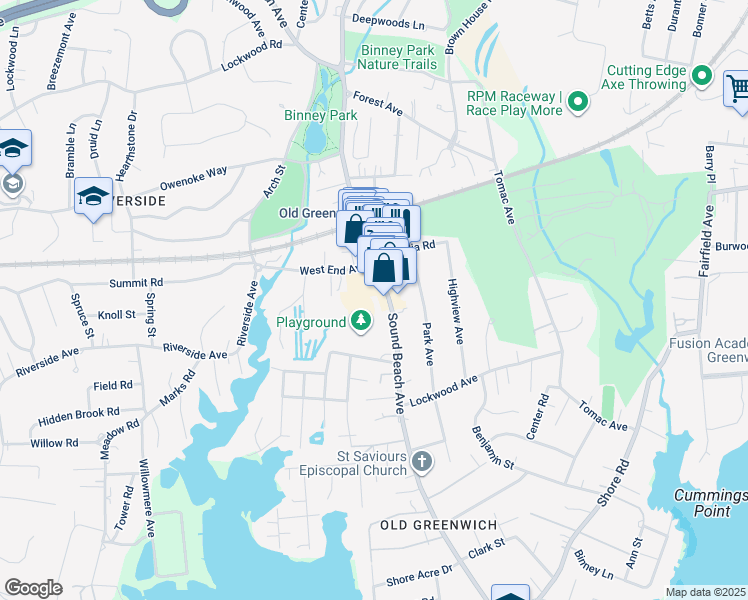 map of restaurants, bars, coffee shops, grocery stores, and more near 262 Sound Beach Avenue in Greenwich