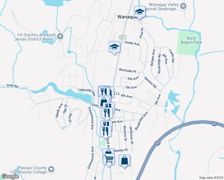map of restaurants, bars, coffee shops, grocery stores, and more near 1049 County Road 511 in Wanaque