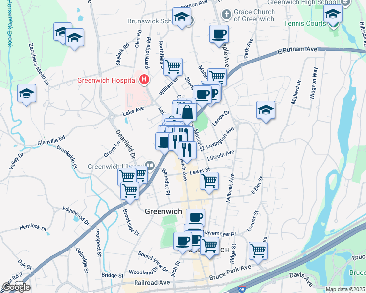 map of restaurants, bars, coffee shops, grocery stores, and more near 3 Pickwick Plaza in Greenwich